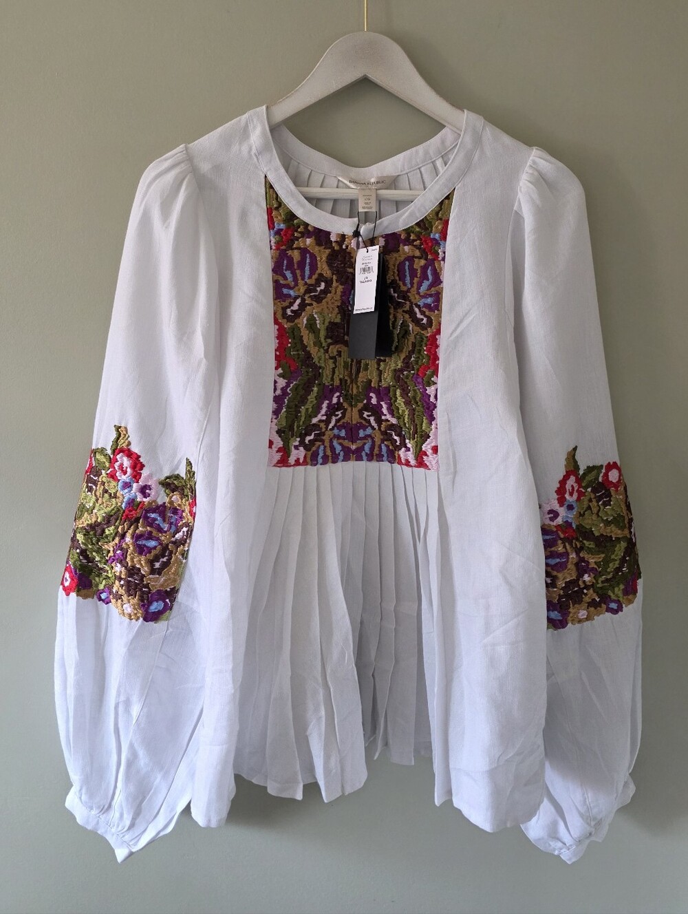NWT Banana Republic L Tall Quiet Luxury Boho Art Folk Embroidered Peasant Blouse